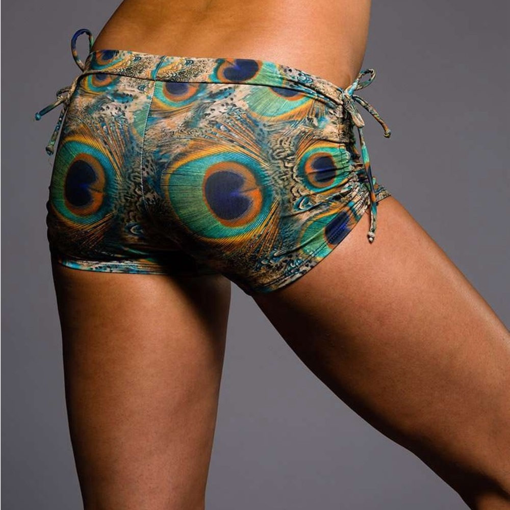 Onzie Yoga Side Tie Shorts Peacock Pattern / One Size